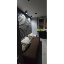 Cegła dekoracyjna kolor: Grafit mocny przepalony na ścianie w pokoju dziennym od Petraart.