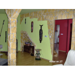 Płytki dekoracyjne naturalne, ułożone częściowo na ścianie w salonie.