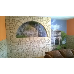 Kamień ozdobny naturalny. Połączenie kamienia dekoracyjnego z fototapetą.