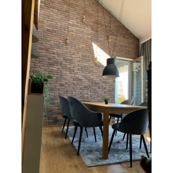 Imitacja cegły w dużym i wysokim salonie od petraart